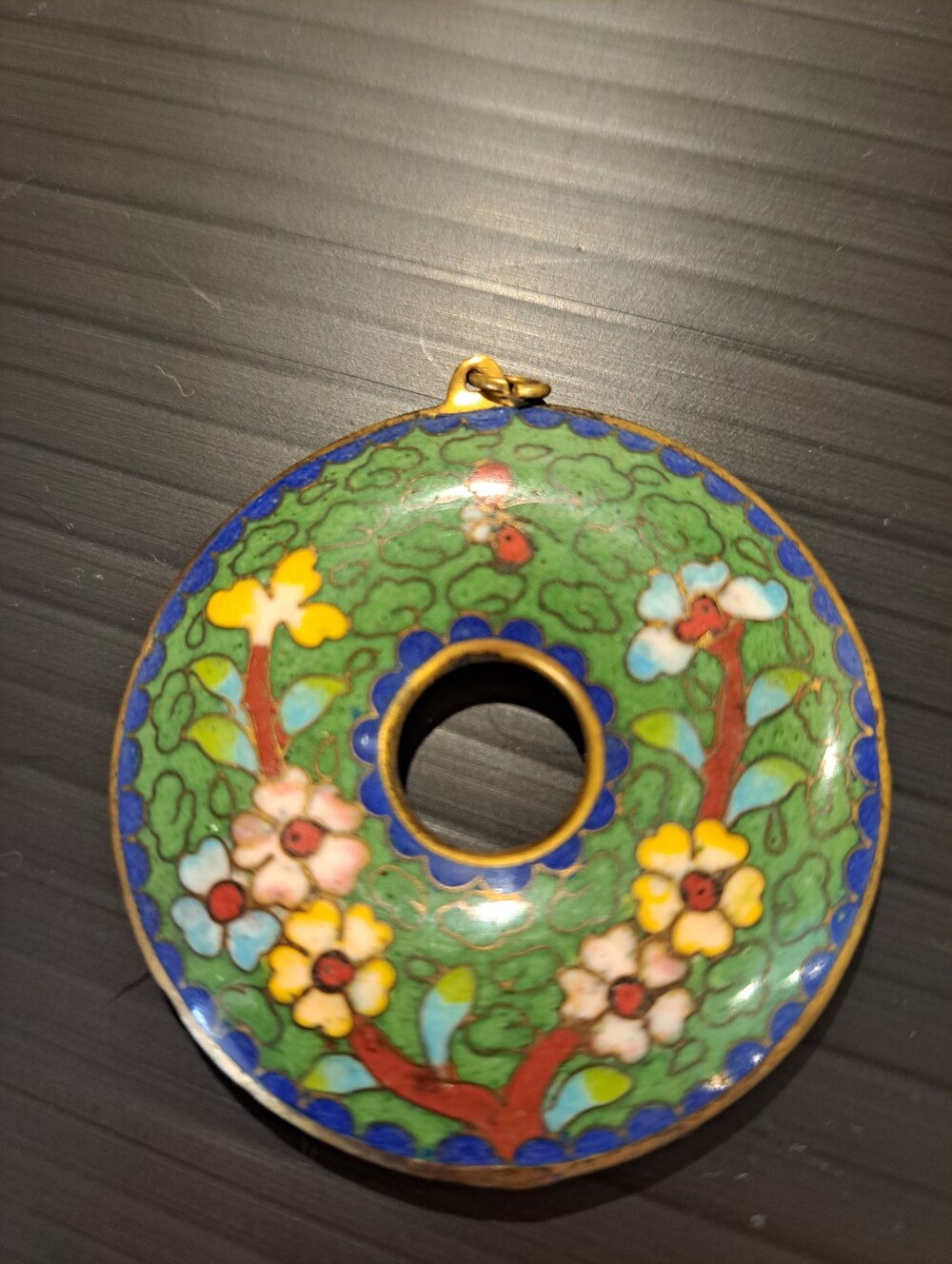 Vtg Thick Cloisonne Pendant Green Blur Color. Finished on Both Sides